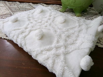 Vintage Chenille Bedspread Fabric, Plush Blue Flowers White Curlicues, 18x24" Piece