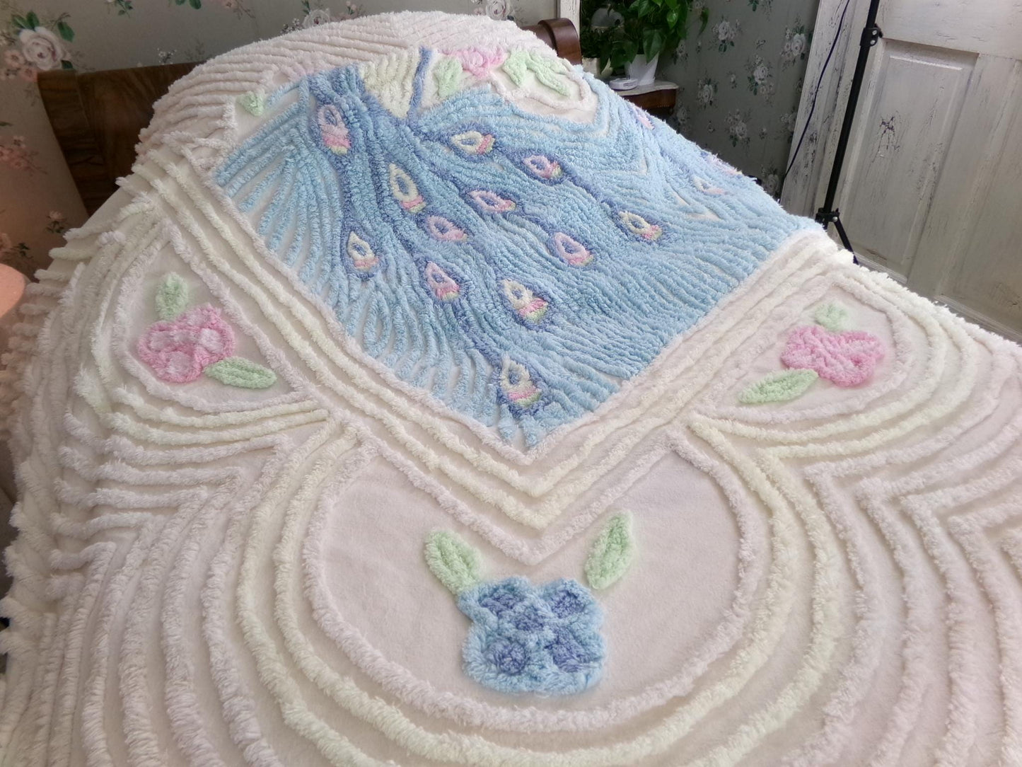 Pastel Peacock Vintage Chenille Bedspread, Boho Creamy Cotton Full Size