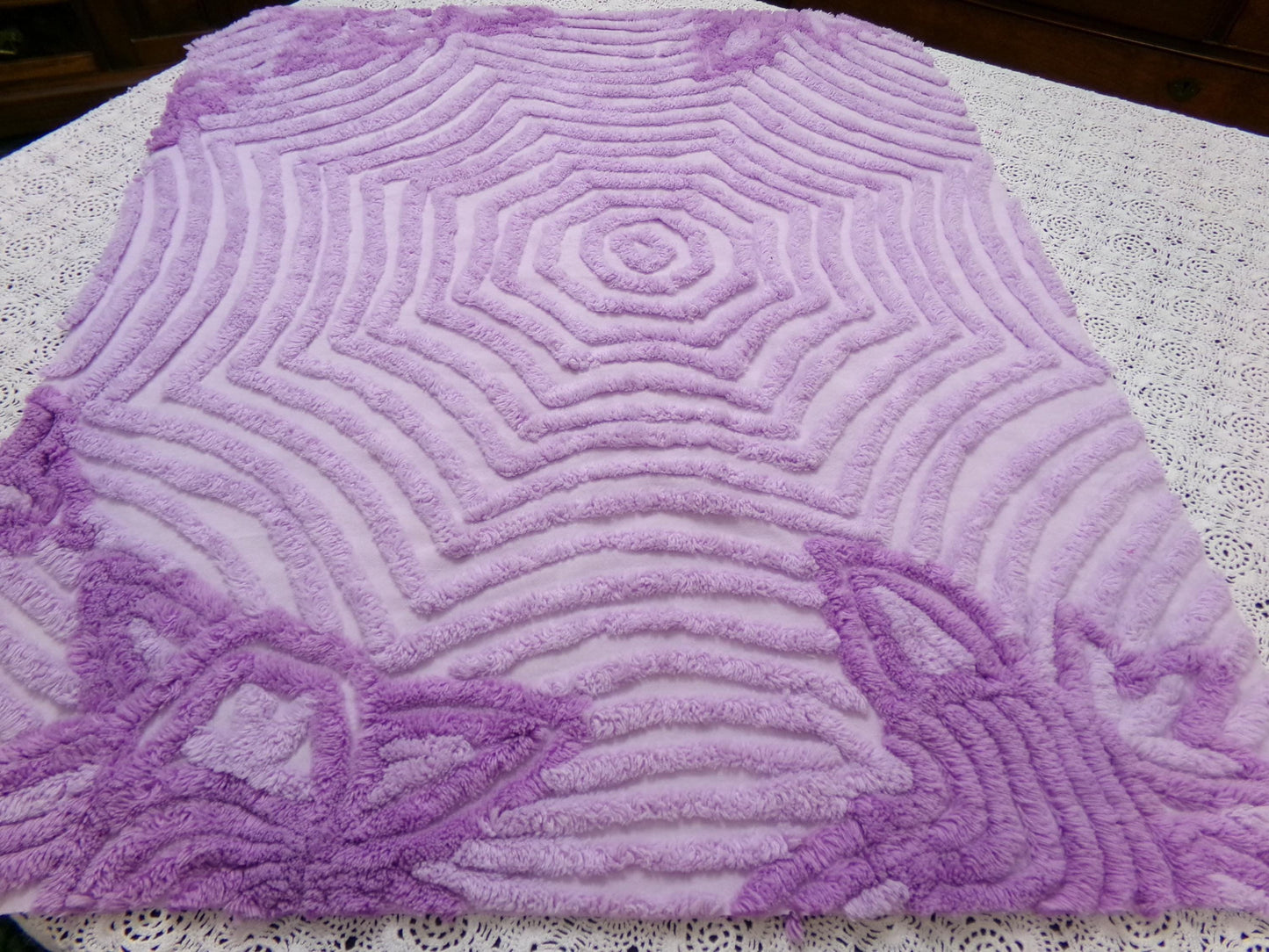 Hypnotic Spiderweb Vintage Chenille Fabric Piece Lavender 23x27" Mesmerizing Design