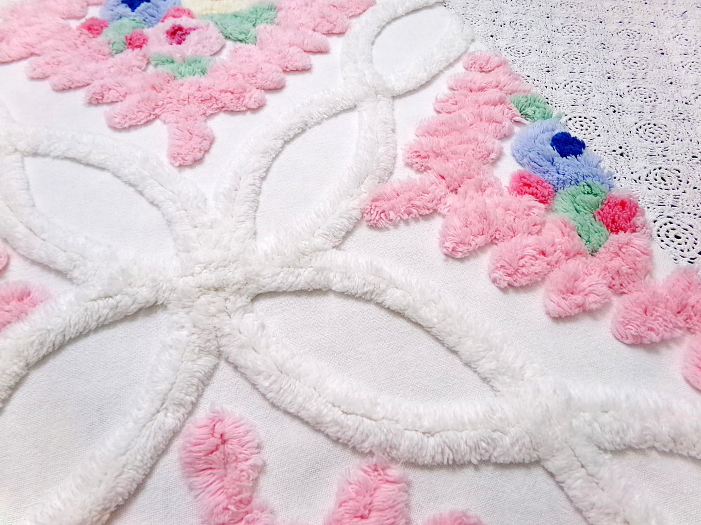 Vintage Chenille Fabric Piece, Pink Frosting Floral Cottage Chic Sewing Material 18x30"