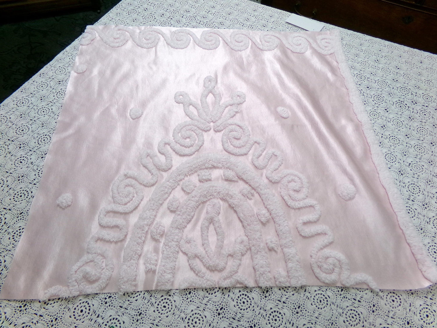 Romantic Pink Vintage Satin Chenille Fabric, Shabby Sewing Material 22" x 23" Piece