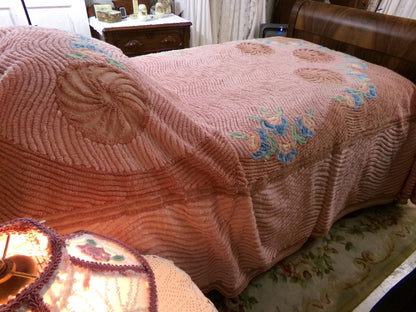 luscious plush vintage chenille bedspread in a pinwheel peach swirl floral design, antique full size bedding