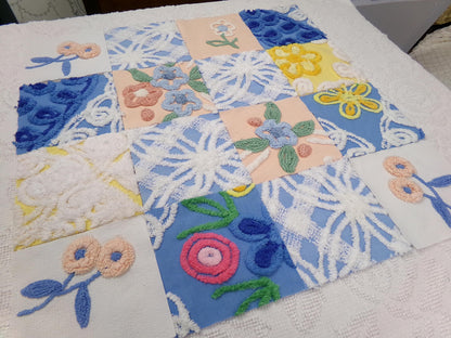 Summer Floral Vintage Chenille Fabric Squares Set, 16 Quilt Blocks, 6" x 6" inches each, for Quilting, Sewing, DIY Pillows