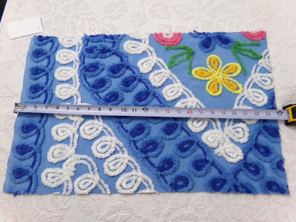 vintage shabby chenille bedspread fabric, abstract floral blue & white swirls, 14" x 22" piece