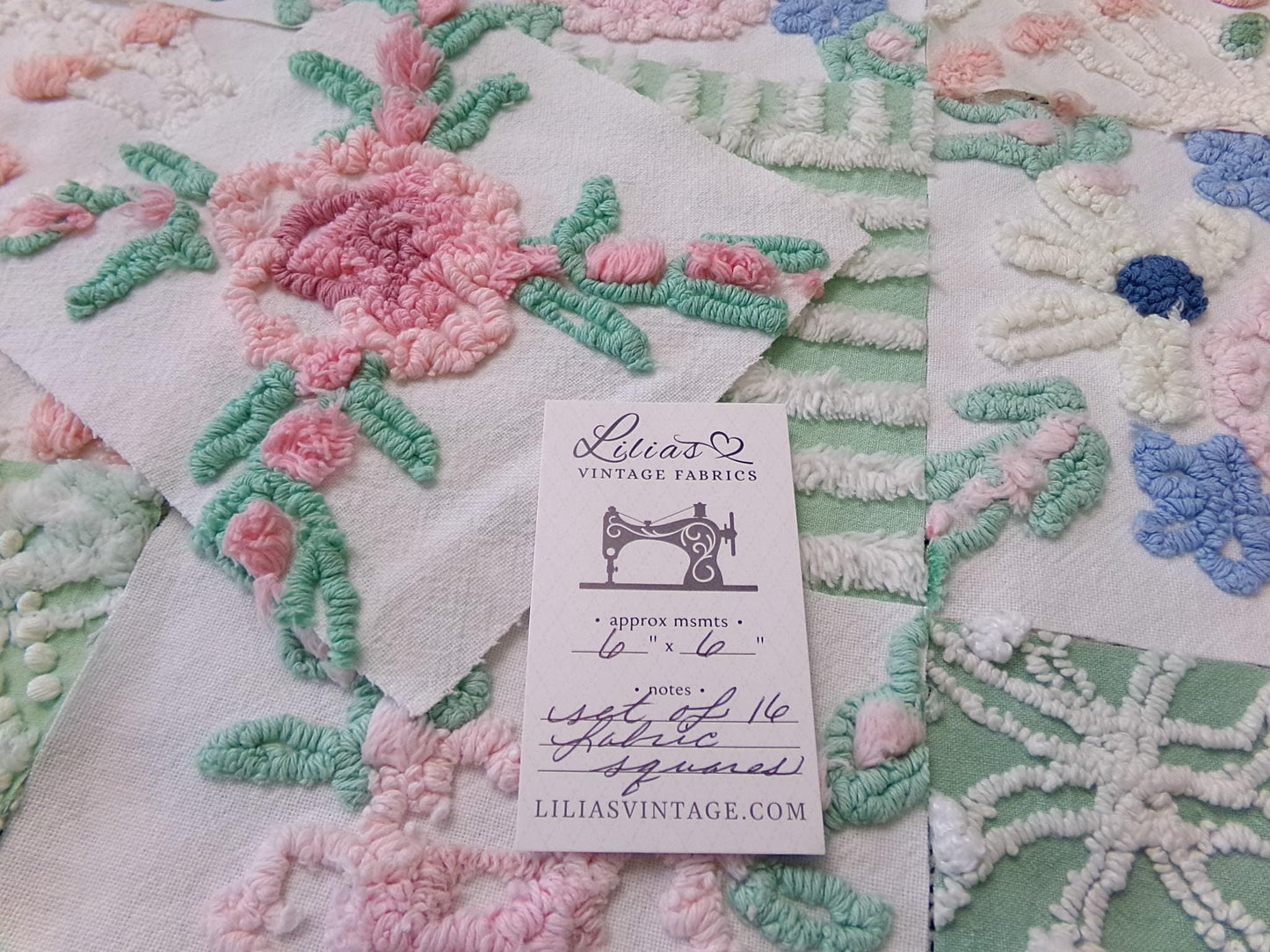 Floral Vintage Chenille Quilt Squares, Flower Medley 6" Fabric Blocks, Set of 17 for Quilting & Crafts