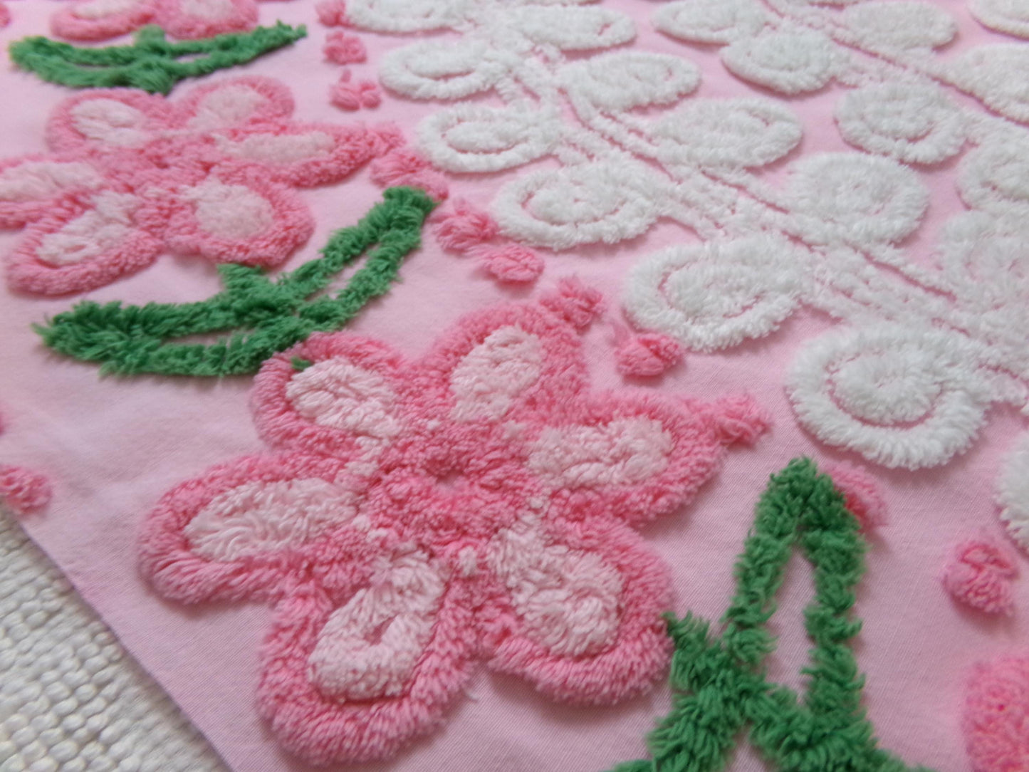 Flower Arch Vintage Chenille Bedspread Fabric, Pink Floral Sewing Material 20" x 24" Piece