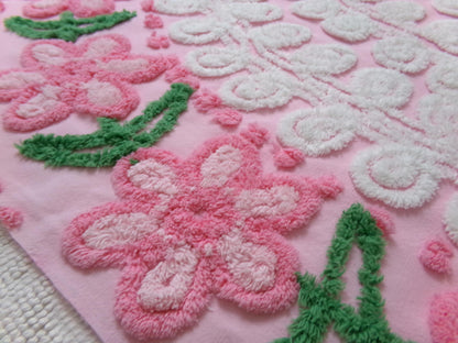 Flower Arch Vintage Chenille Bedspread Fabric, Pink Floral Sewing Material 20" x 24" Piece