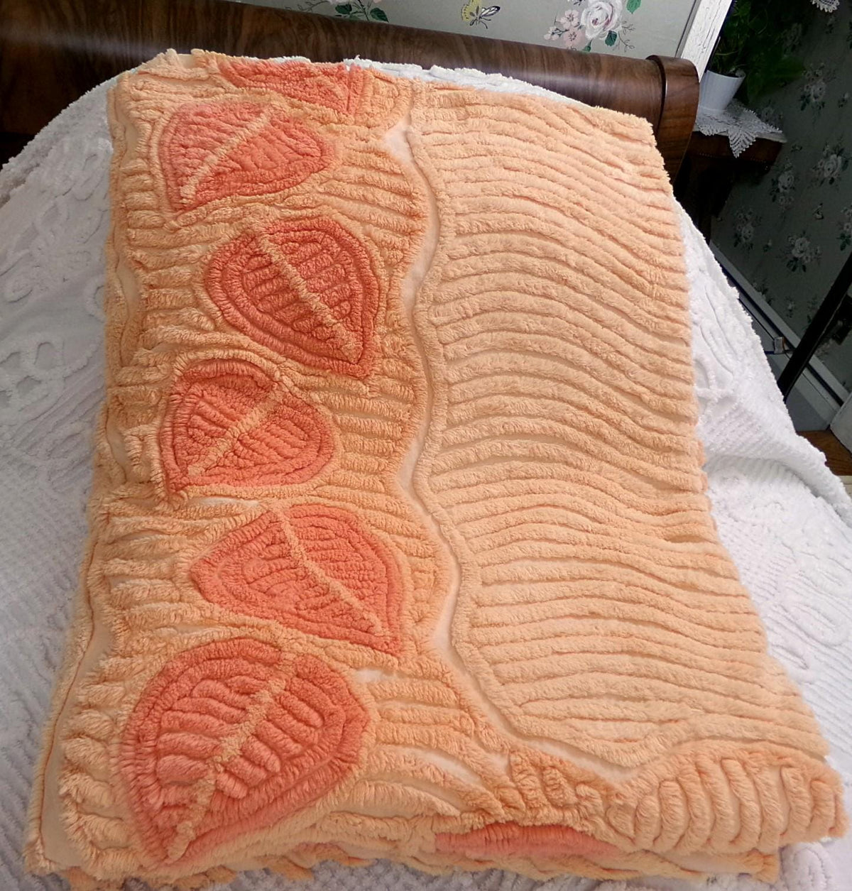Boho Falling Leaves Vintage Chenille Bedspread, Apricot Peach Twin Size