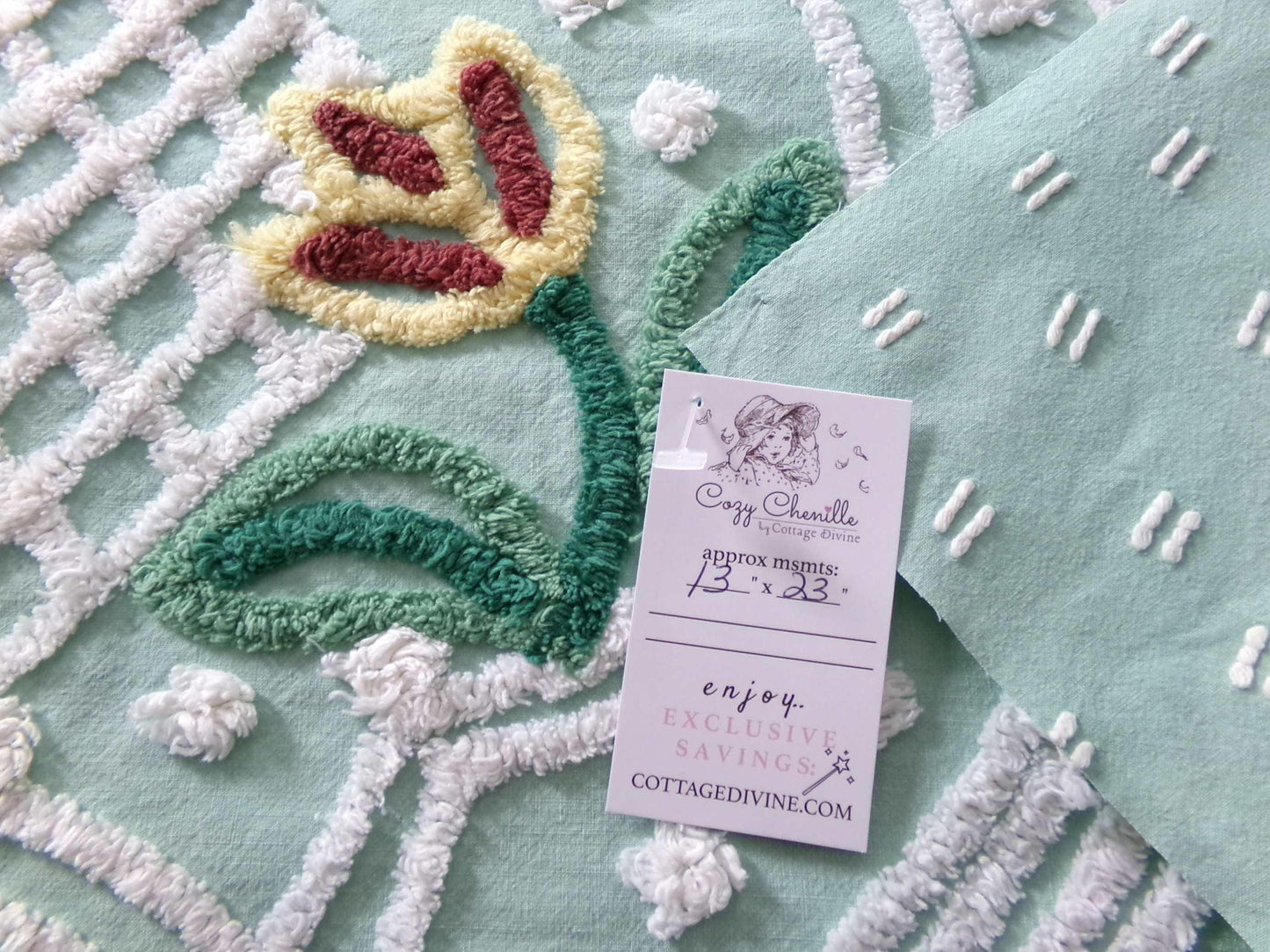 springtime tulip vintage chenille fabric, mint green floral cotton sewing material, 13" x 23" inch piece