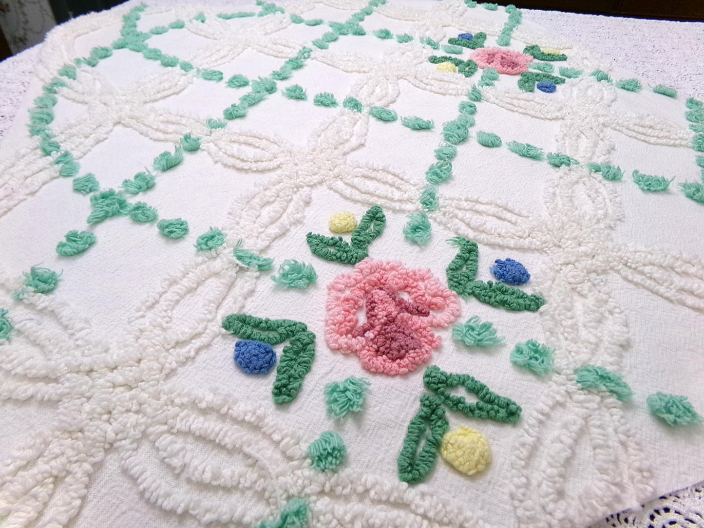 vintage chenille bedspread fabric cottage style pink rose jade green pops 26x22"