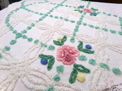 vintage chenille bedspread fabric cottage style pink rose jade green pops 26x22"