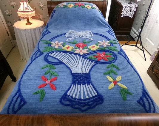 vintage blue twin size chenille bedspread, shabby chic flower basket design summer coverlet