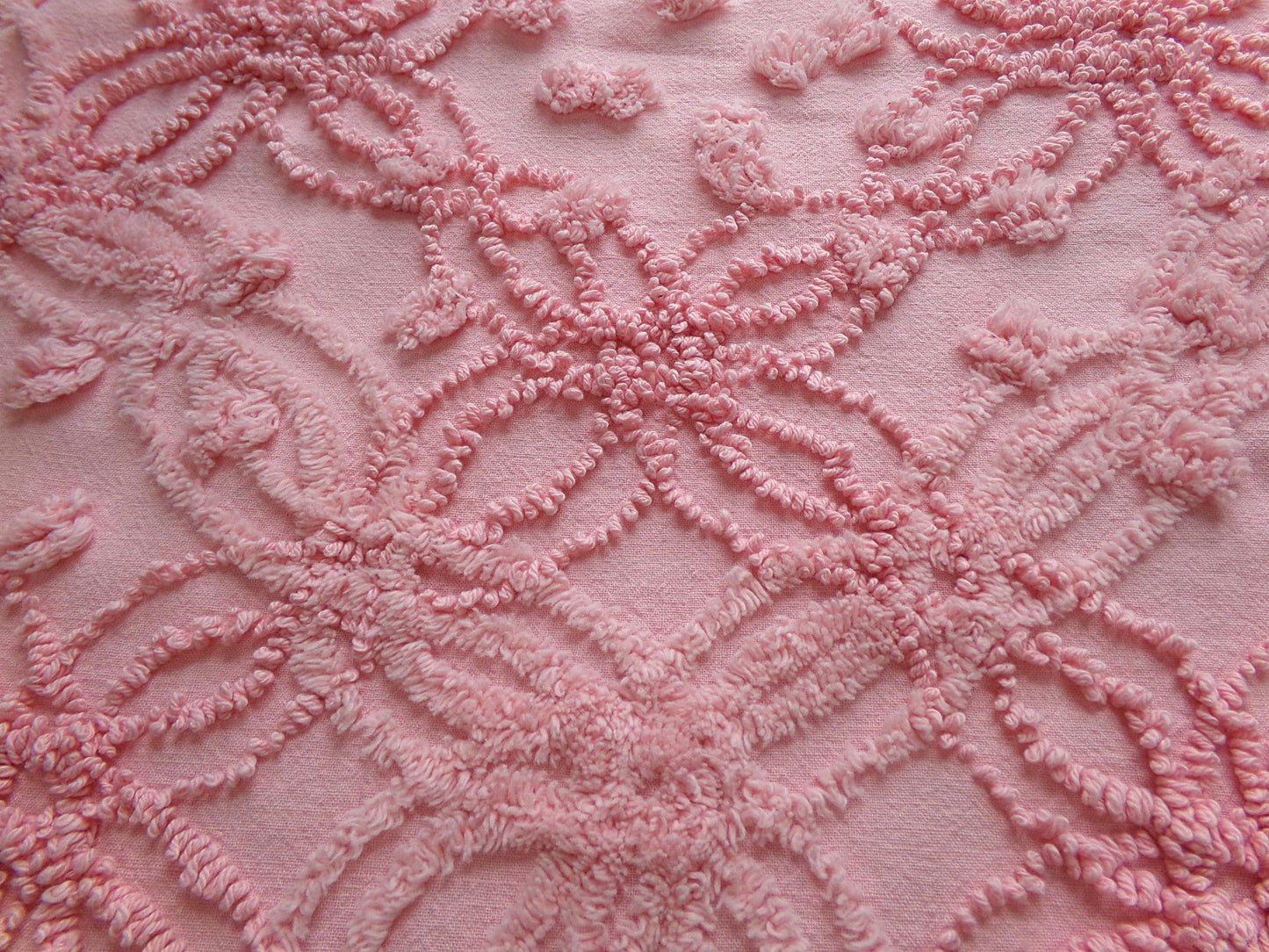 bubblegum pink vintage chenille bedspread fabric, geometric design, 18" x 24"