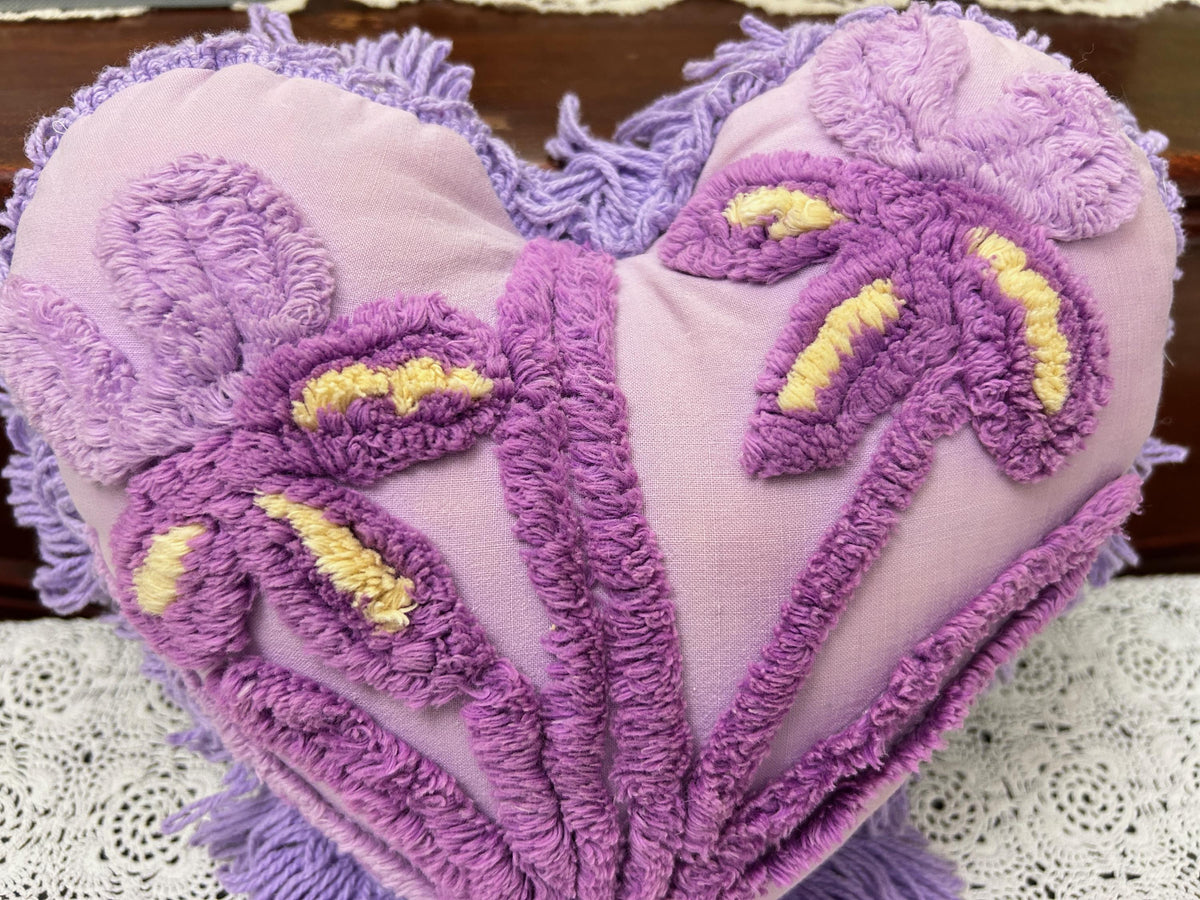 Vintage Heart Chenille Pillow, Shabby Iris Floral Reversible Fringed Design