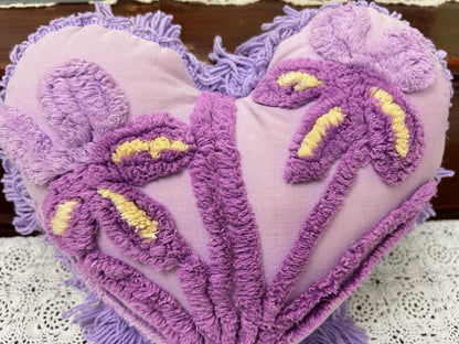 Vintage Heart Chenille Pillow, Shabby Iris Floral Reversible Fringed Design