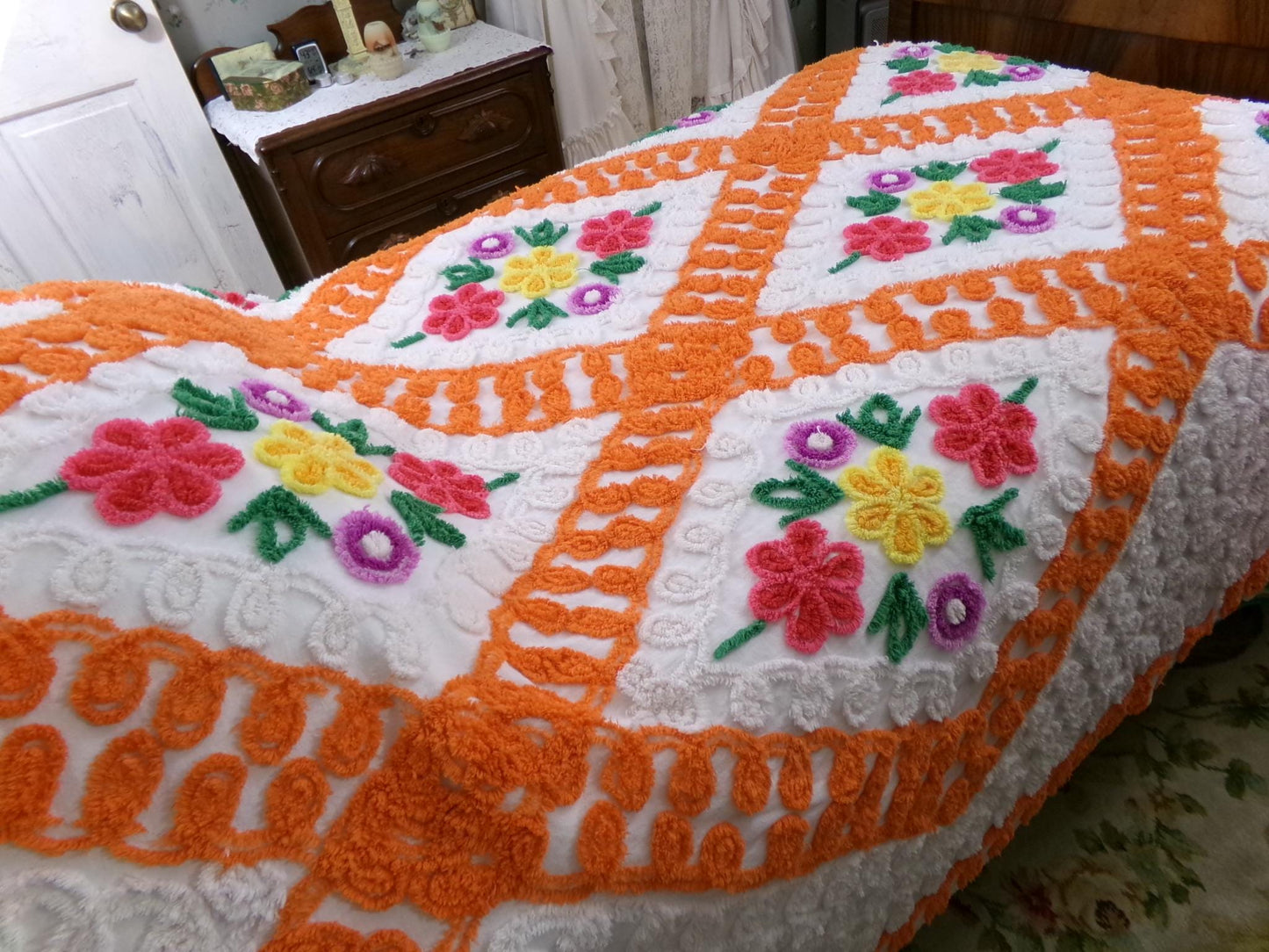 diamond citrus vintage chenille bedspread, plush large floral design in colorful orange & white, full size cotton bedding