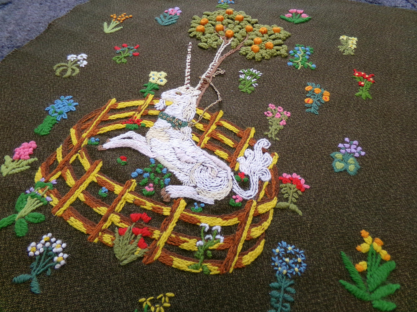 Unicorn in Captivity Vtg Crewel Embroidery, Finished Paragon 0846 Stitchery Medieval Old World Tapestry Style Adaptation