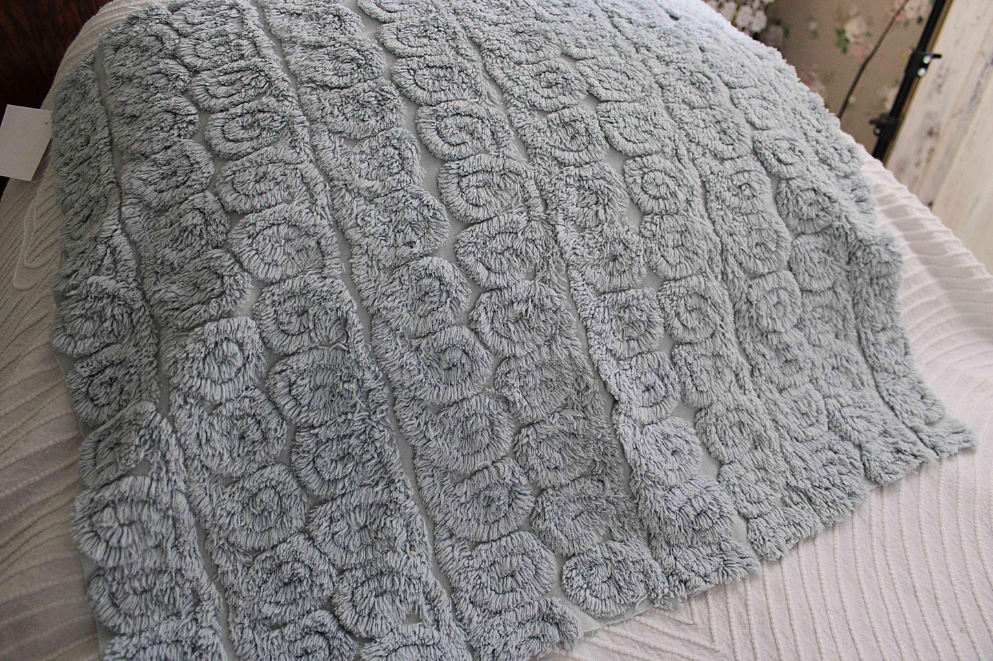 Stardust Blue Vintage Chenille Fabric 22 x 25" Plush Curlicues Quilt Material