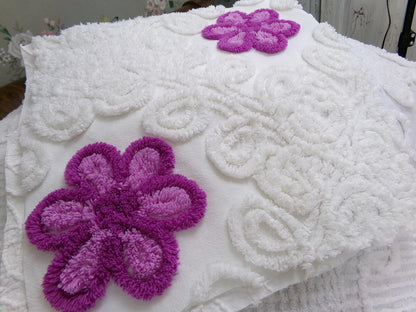Violets in Snow Vintage Cotton Chenille Fabric - Plush Florals in White Curlicues, Quilt & Craft Material, 20" x 17" Piece