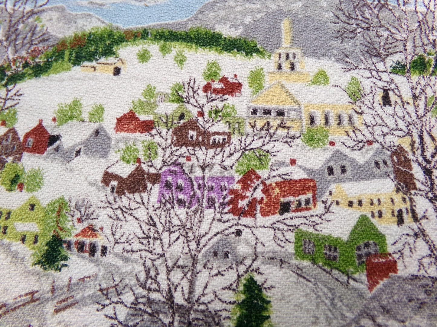 Grandma Moses DEEP SNOW Vintage Barkcloth Fabric, Midcentury Folk Art Winter Scene, 13" x 21"