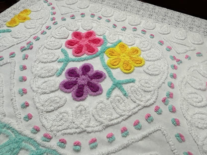 Sweetie Heart Vintage Chenille Bedspread Fabric Seafoam Curlicues 20x26" Textile