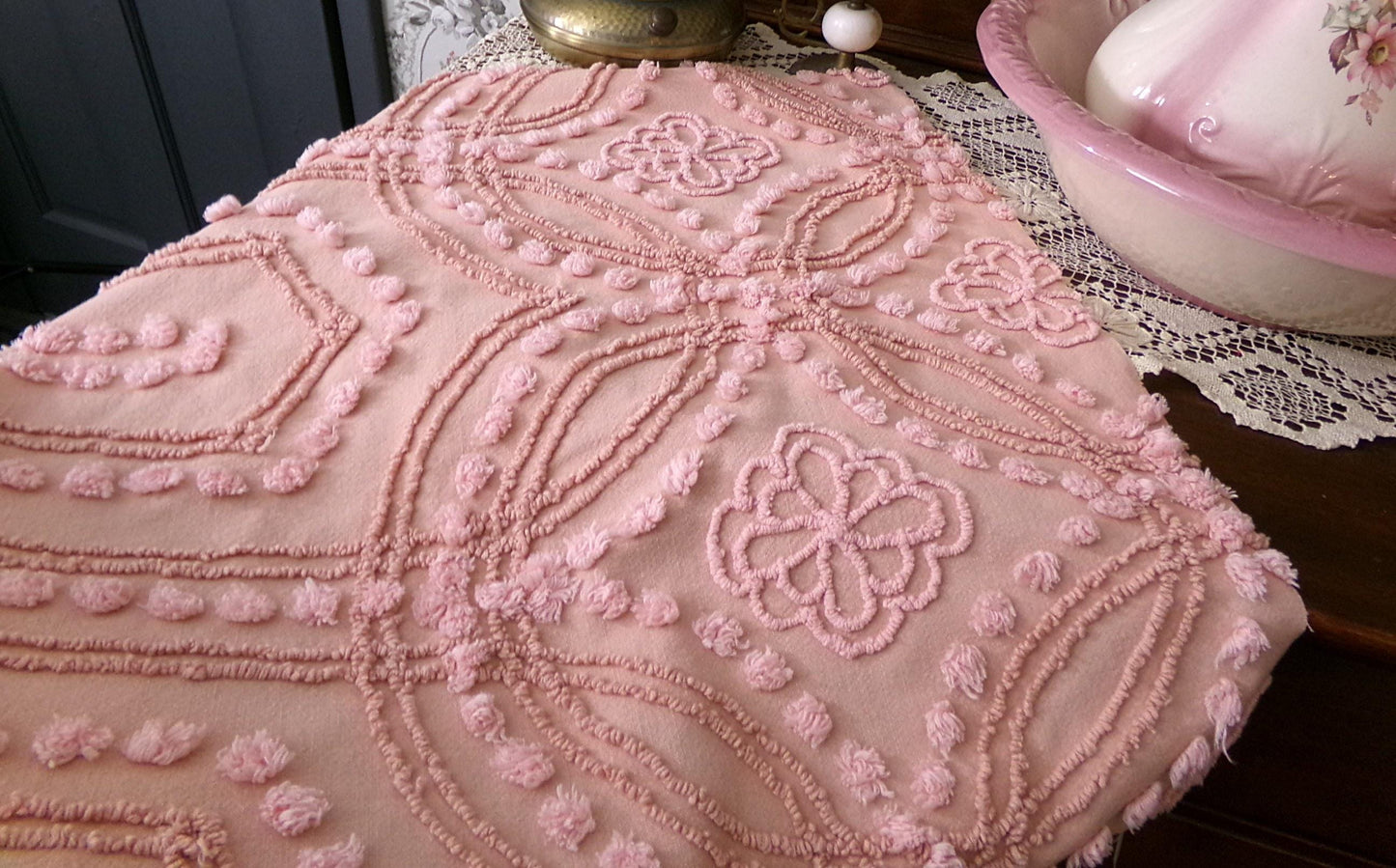 Shabby Cottage Style Vintage Chenille Fabric, geometric floral design, sewing craft quilt material 25" x 21" piece