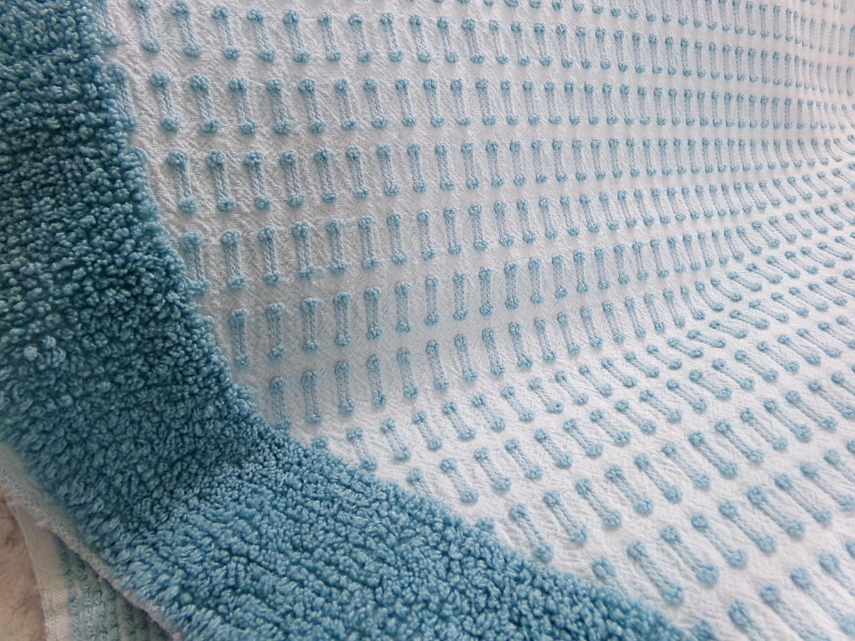 Powder Blue Vintage Chenille Bedspread, Texturized Barbells & Shag Edge Morgan Jones Full Sz