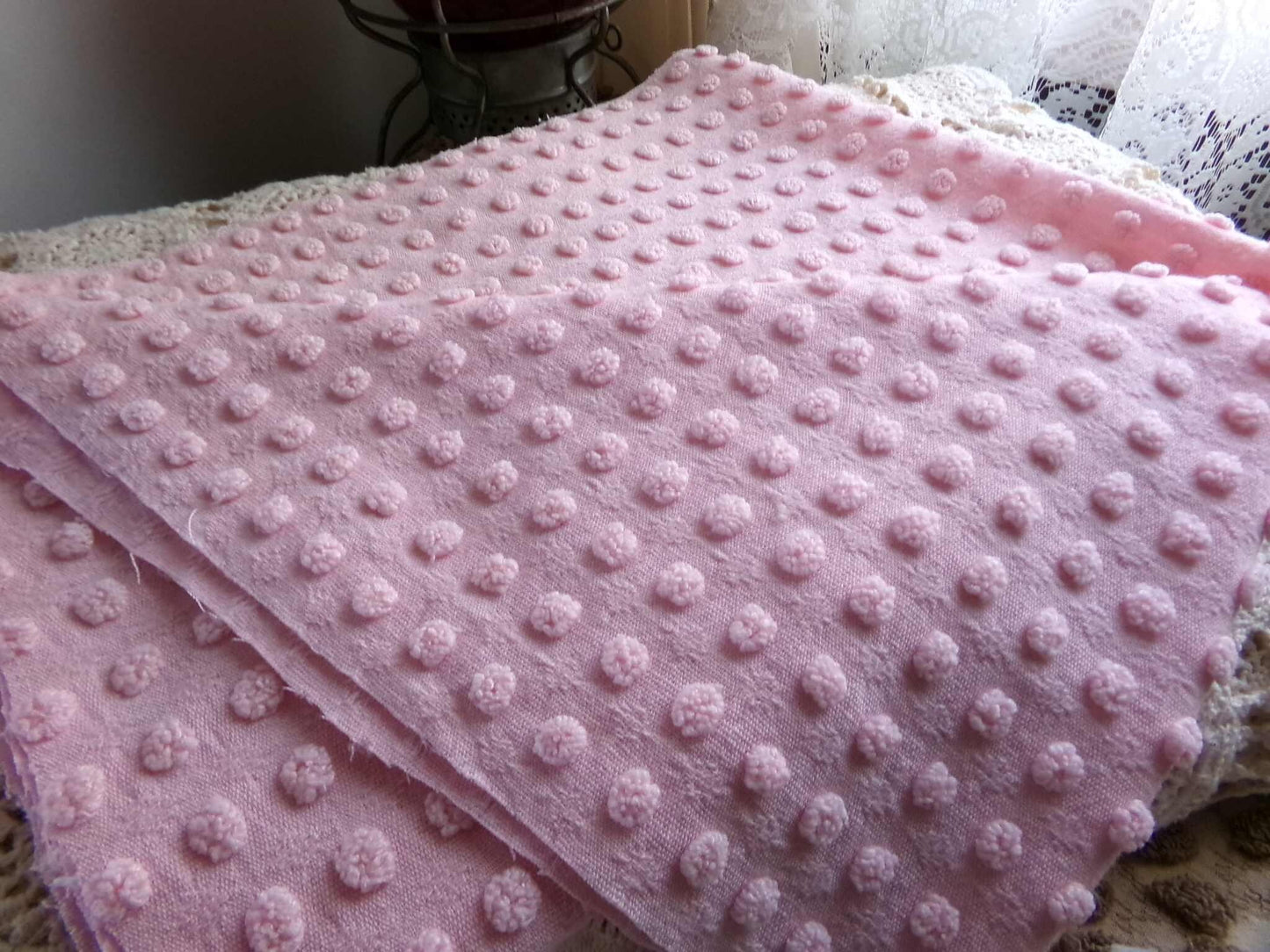 Nubby Pink Popcorns Vintage Chenille Bedspread Fabric, Textured Pop Dots 18" x 25" Piece