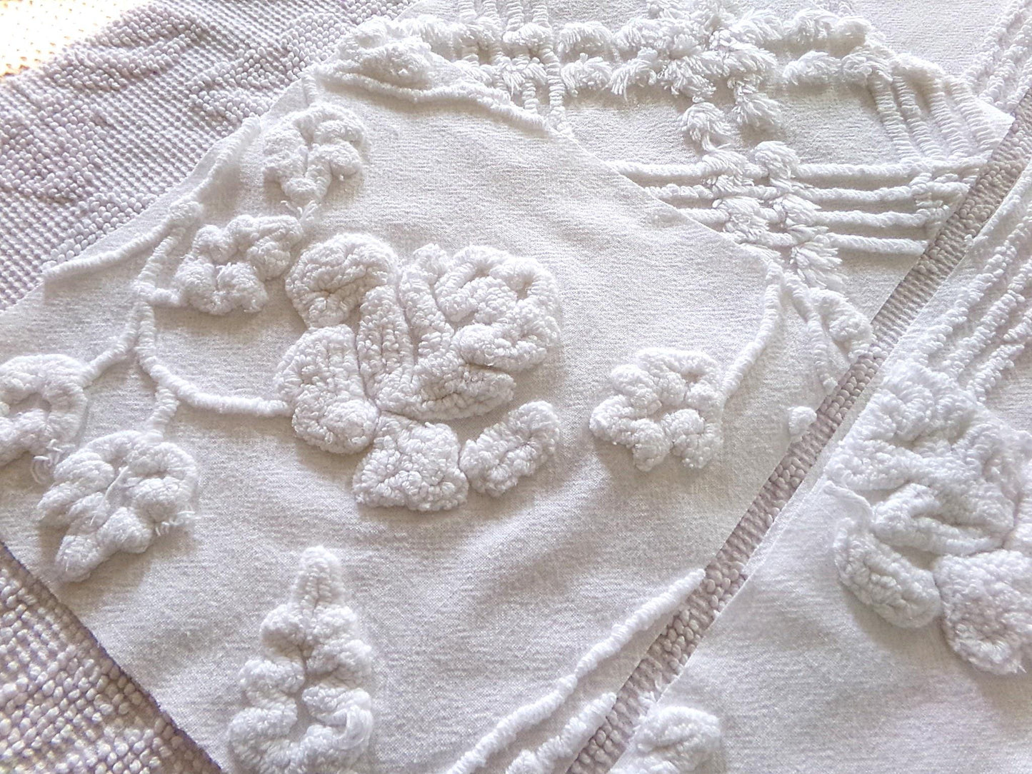 rambling rose vintage chenille fabric squares, set of 6 large 9.5" white quilt blocks, floral & geometric prints for sewing, quilting