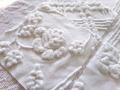 rambling rose vintage chenille fabric squares, set of 6 large 9.5" white quilt blocks, floral & geometric prints for sewing, quilting