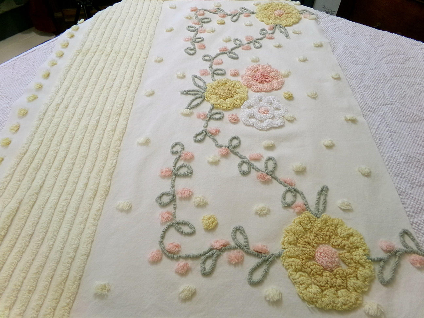 cottage floral vintage chenille fabric, buttercup yellow quilt sewing material, large 20" x 40" piece