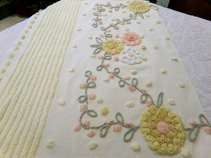 cottage floral vintage chenille fabric, buttercup yellow quilt sewing material, large 20" x 40" piece