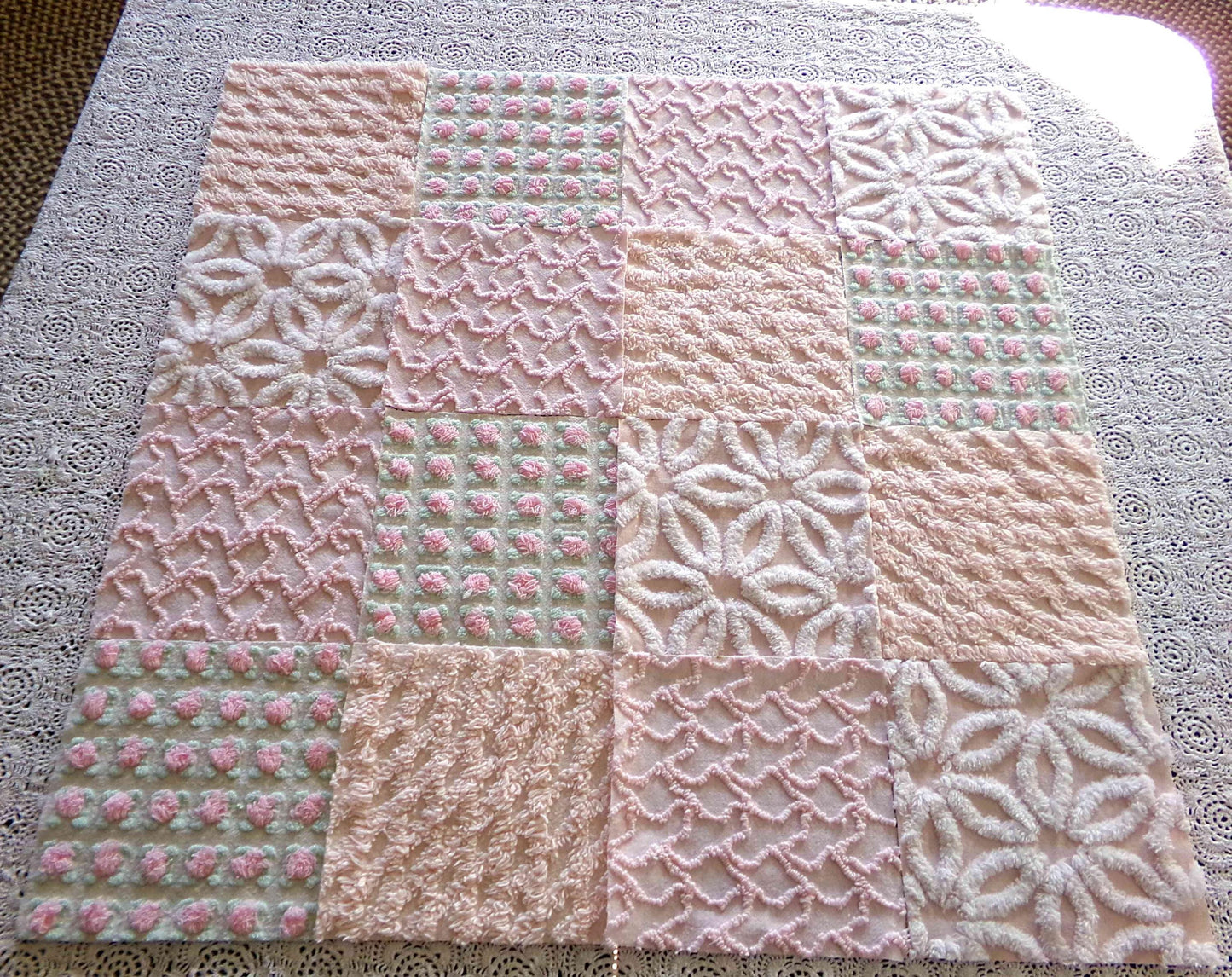 Nectar & Petal Vintage Chenille Quilt Squares Set of 16 Blocks, 6" inch ea in pretty daisies, pink rosebuds, peach lattice