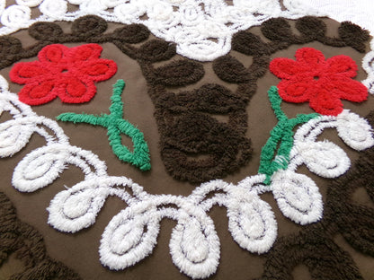 Chocolate Brown Vintage Chenille Bedspread Fabric, cherry red flowers & white swirls sewing material, 20" x 24"