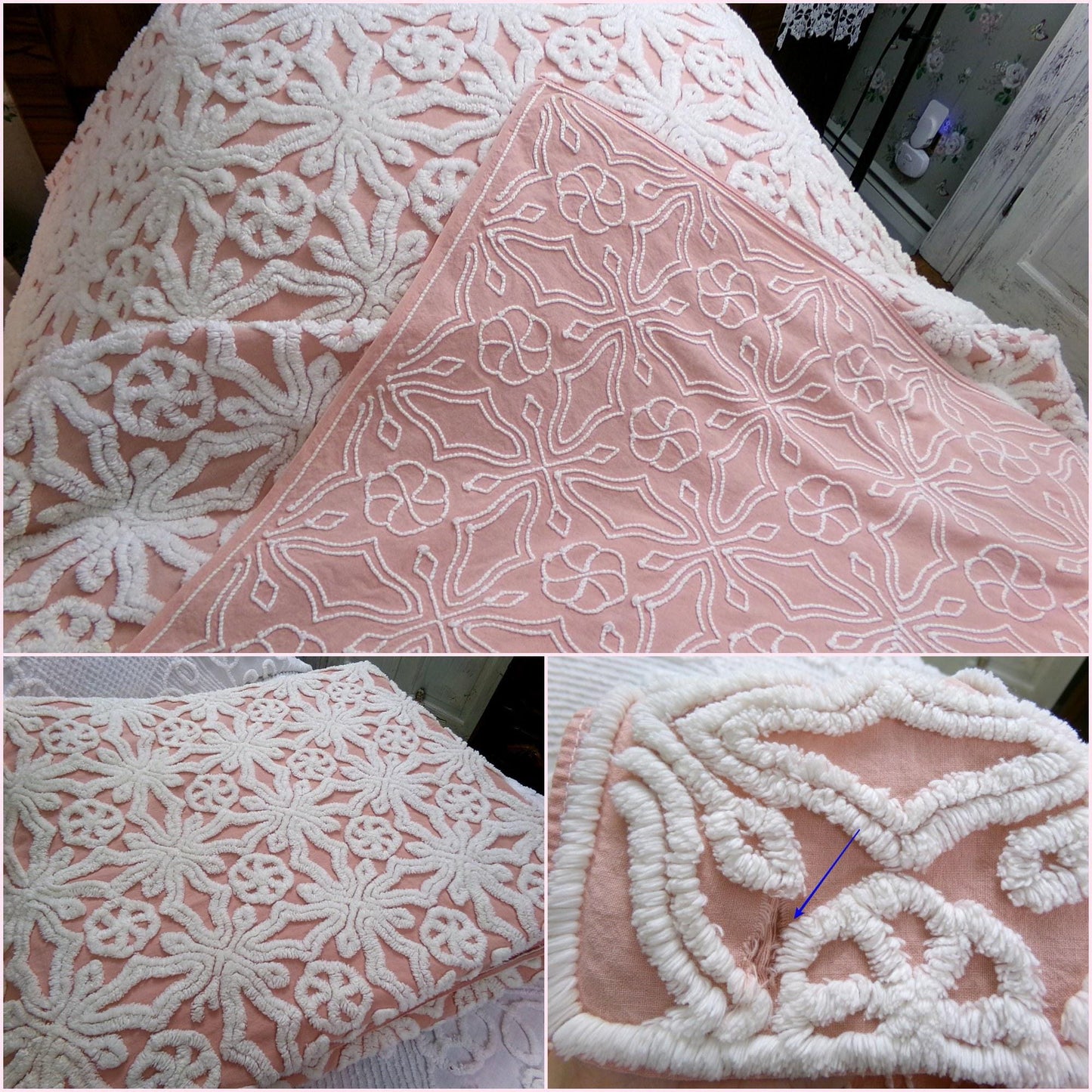 Chenille Bedspread Full Size Fairytale Snowflake Pinwheel Tufts, Feminine Vintage Cotton Bedding