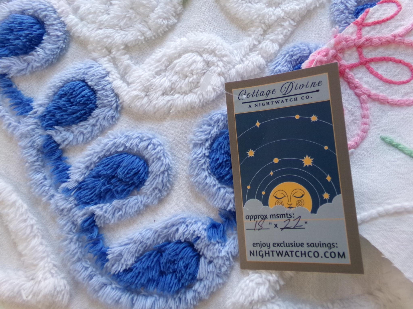 shabby heart vintage chenille fabric, pink roses w/ blue curlicue swirls, 18" x 22" piece of sewing material great for pillow