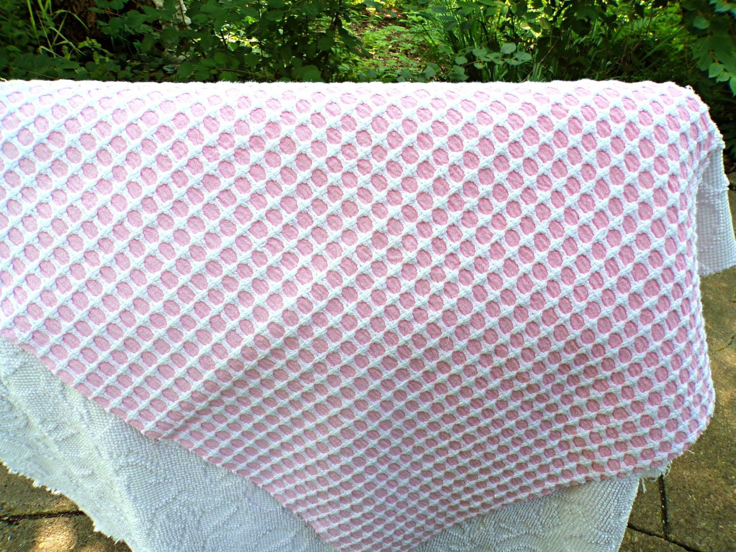 Carnation Pink White Vintage Woven Chenille Fabric Lady Galt Honeycomb Crosses 22x24"