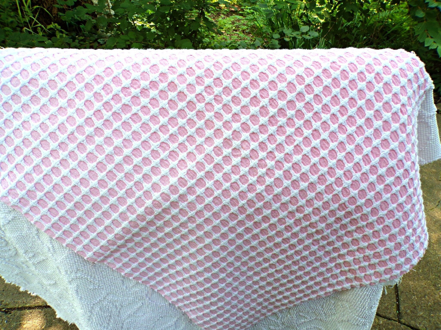 Carnation Pink White Vintage Woven Chenille Fabric Lady Galt Honeycomb Cross 22x24"