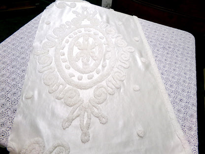 Romantic White Vintage Satin Chenille Bedspread Fabric, Shabby Large Medallion 38x20"