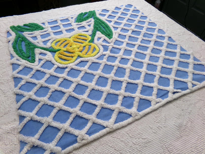 Vintage Blue Chenille Fabric, Yellow Flower on White Terrace Tuft, 22" x 23.5" Piece Sewing Quilt Material
