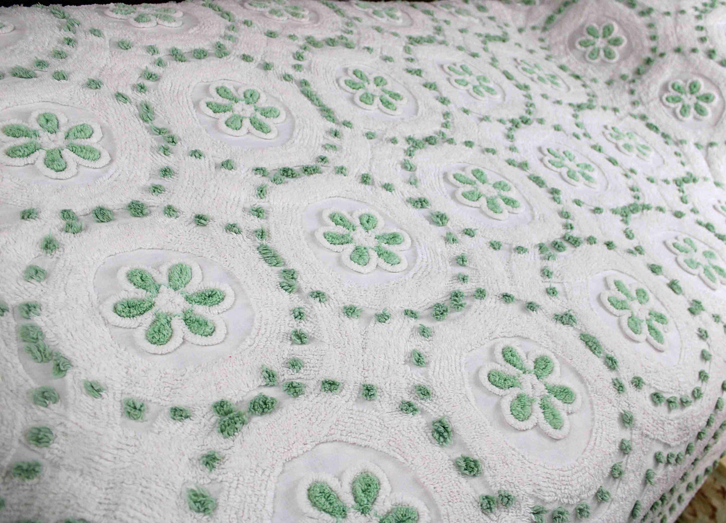Twin Vintage Chenille Bedspread, Lucky Shamrock Green Flower Circles on White Coverlet