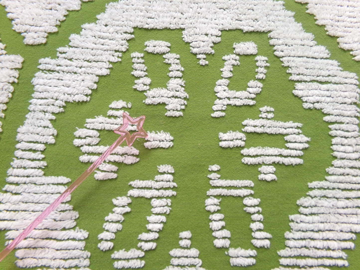 Boho Vintage Chenille Bedspread Fabric, Avocado Green White Daisy 19" x 26" cut piece