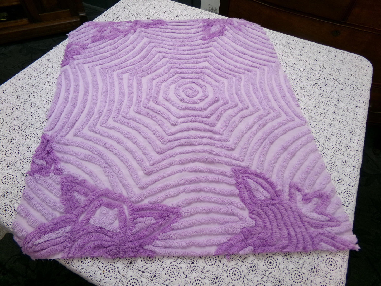 Hypnotic Spiderweb Vintage Chenille Fabric Piece Lavender 23x27" Mesmerizing Design