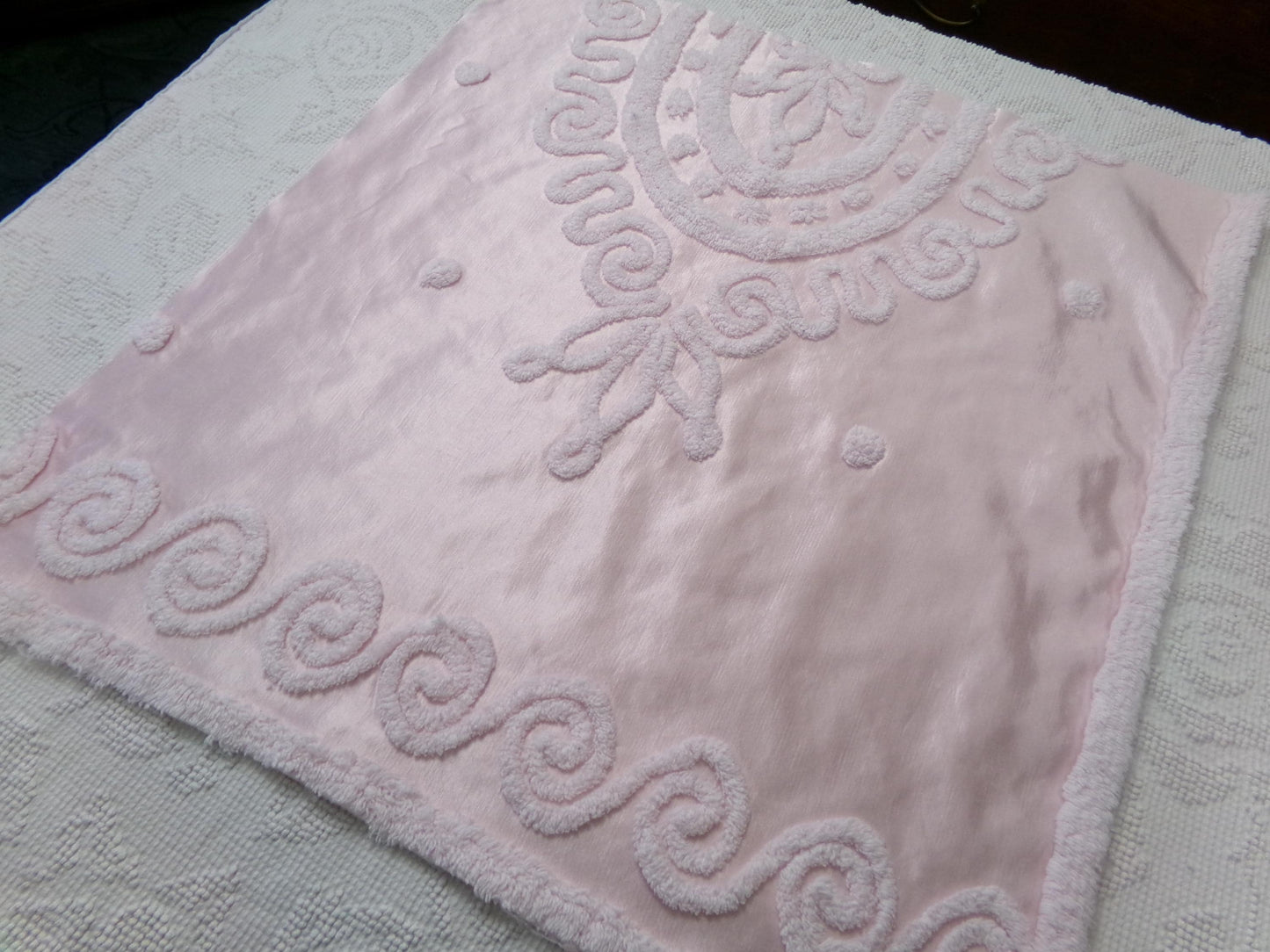 Vintage Pink Satin Chenille Fabric, Shabby Chic Sewing Material 23" x 22" Piece