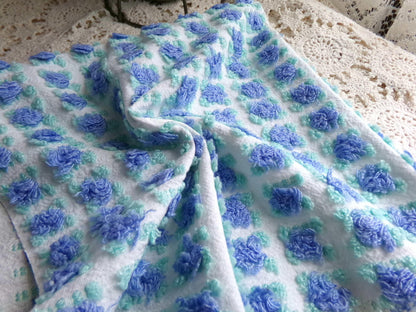 periwinkle blue rosebud chenille fabric, 20" x 24" inch piece cut from NOS vintage chenille bedspread, lovely blue roses quilt material