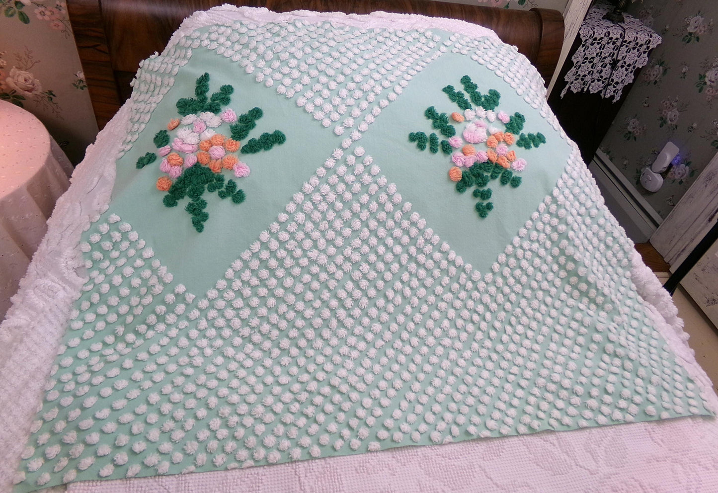 jade green floral vintage chenille fabric: handmade antique cotton sewing material for quilting, crafts, 31" x 24" piece