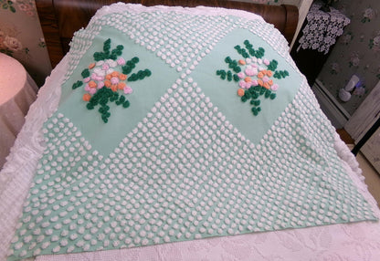 jade green floral vintage chenille fabric: handmade antique cotton sewing material for quilting, crafts, 31" x 24" piece