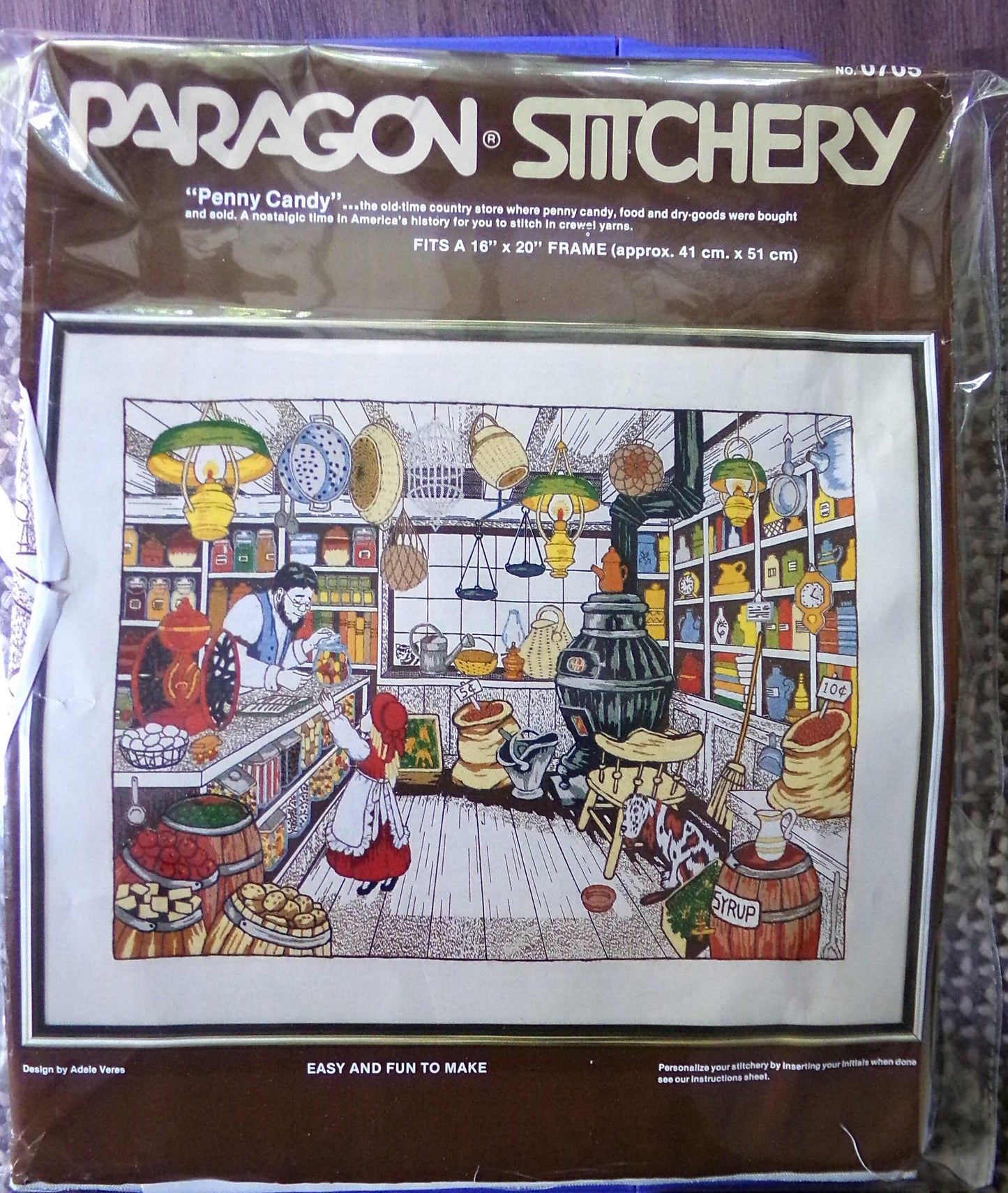 PENNY CANDY Vintage Paragon Stitchery Crewel Embroidery Kit # 0705, Nostalgic Old Fashioned Country Store Scene, Design by Adele Veres