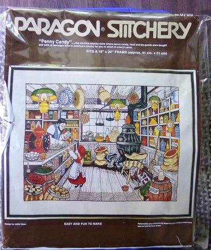 PENNY CANDY Vintage Paragon Stitchery Crewel Embroidery Kit # 0705, Nostalgic Old Fashioned Country Store Scene, Design by Adele Veres