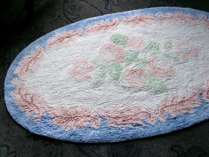 Vintage Shabby Cottage Chenille Rug, Lovely Muted Rose Florals & Pink Leaves, Cotton Bed Bath Accent Mat, Oval Shape, Large Size 25"W x 44"L